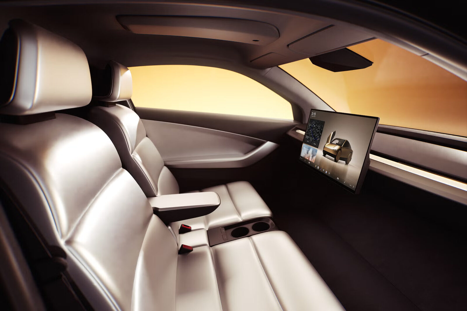 Cybercab lounge interior with bench seating and center display