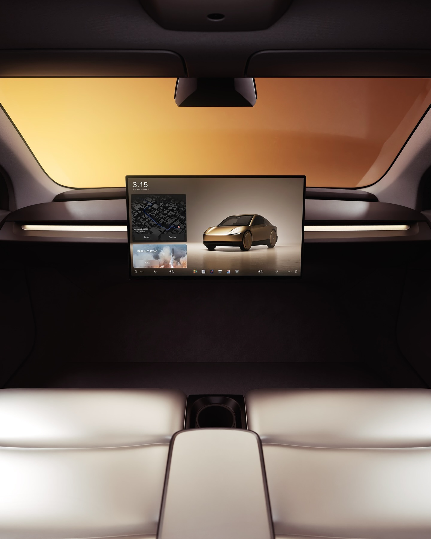 Cybercab passenger cabin at golden hour — rear bench with center touchscreen