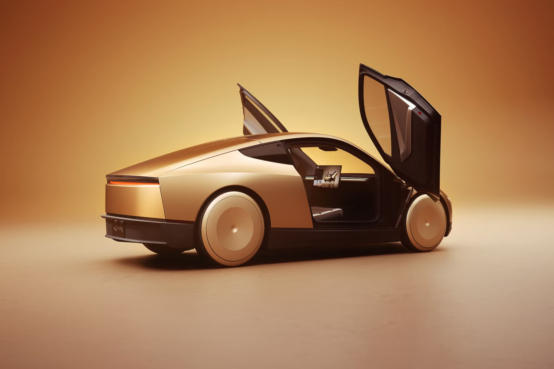 Cybercab rear three-quarter view with butterfly doors open