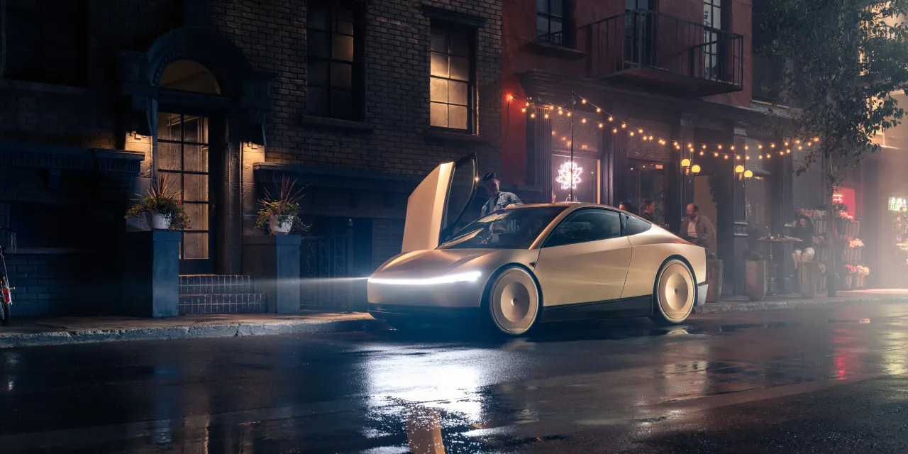 Tesla Cybercab picking up a passenger on a rain-slicked Los Angeles street at night
