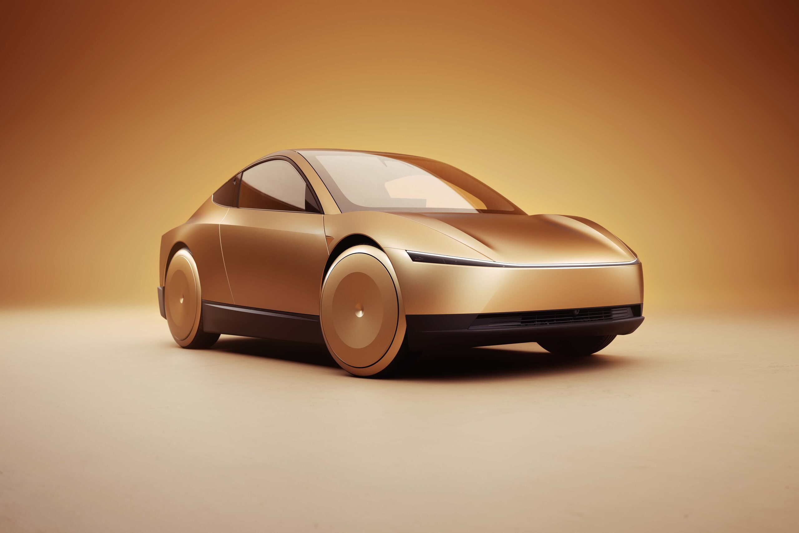 Tesla Cybercab studio beauty shot, front three-quarter view