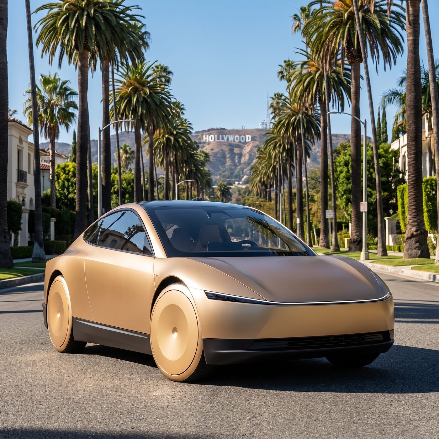 Robotaxi on a sunny palm-lined Beverly Hills street, Hollywood sign in the distance