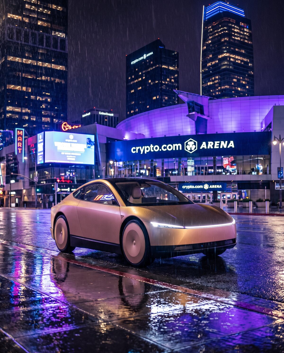Robotaxi on a rain-slicked street outside Crypto.com Arena downtown at night