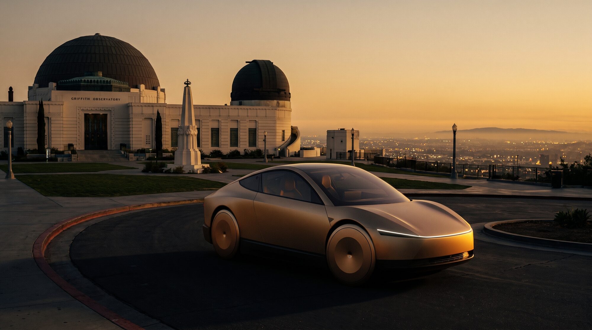 Robotaxi at Griffith Observatory at dusk, LA basin below