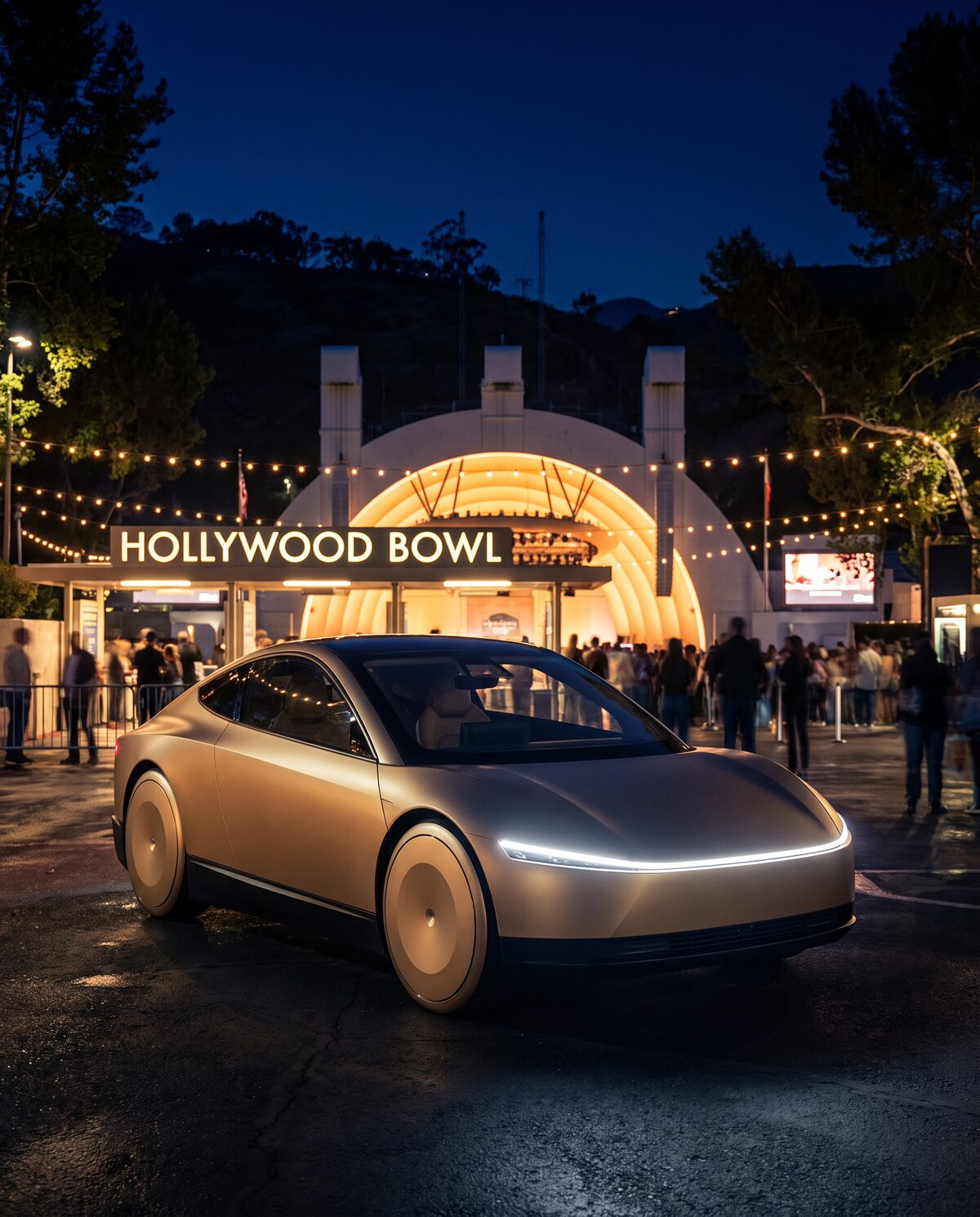 Robotaxi outside the Hollywood Bowl at night