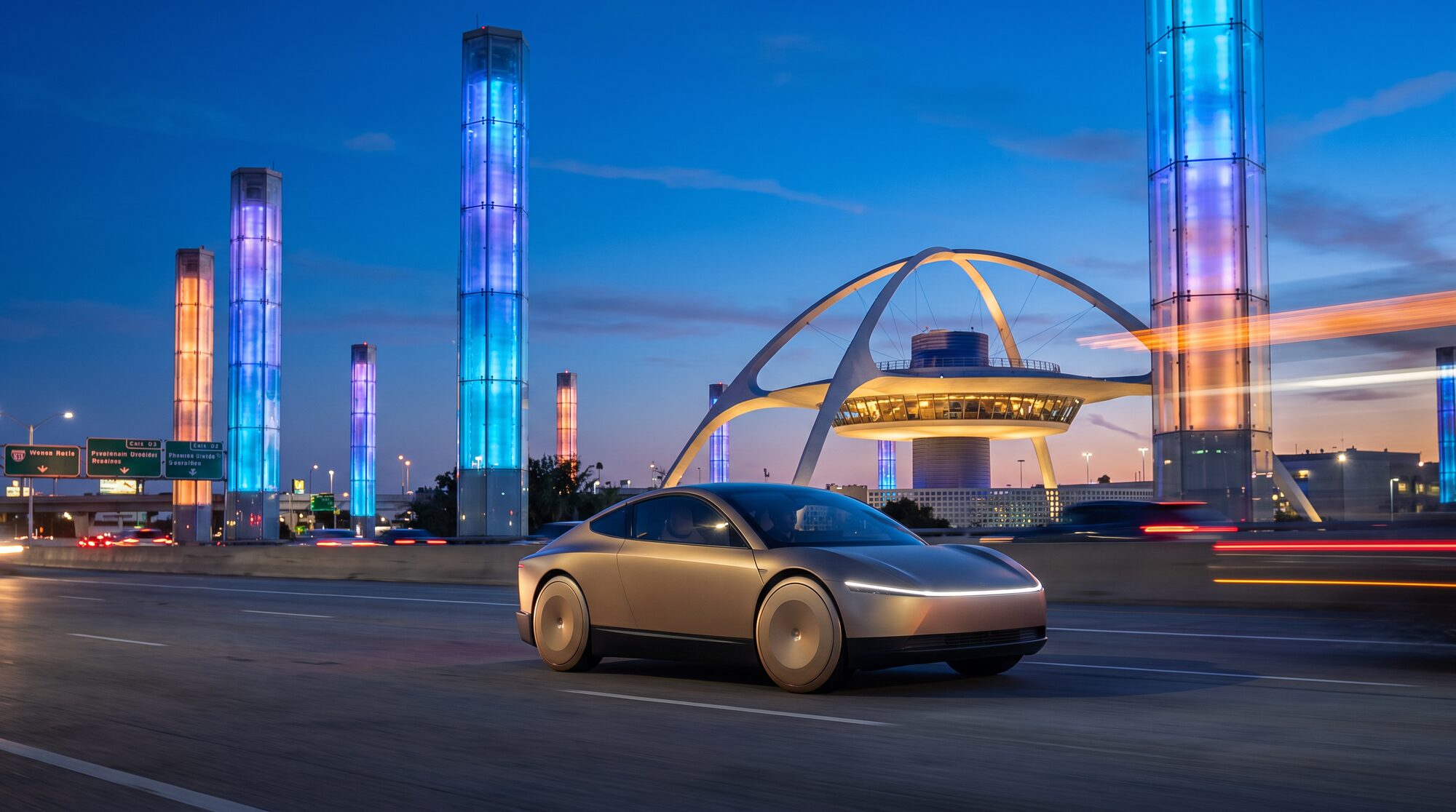 Robotaxi passing the LAX light pylons at blue hour