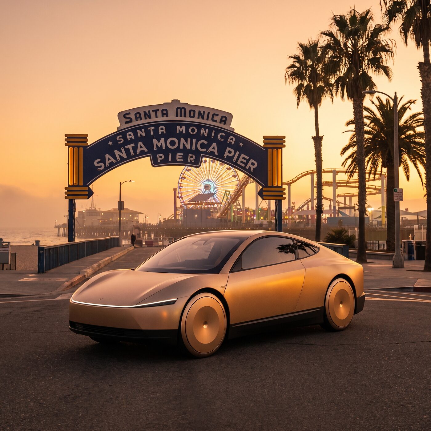 Robotaxi near the Santa Monica Pier arch at sunset